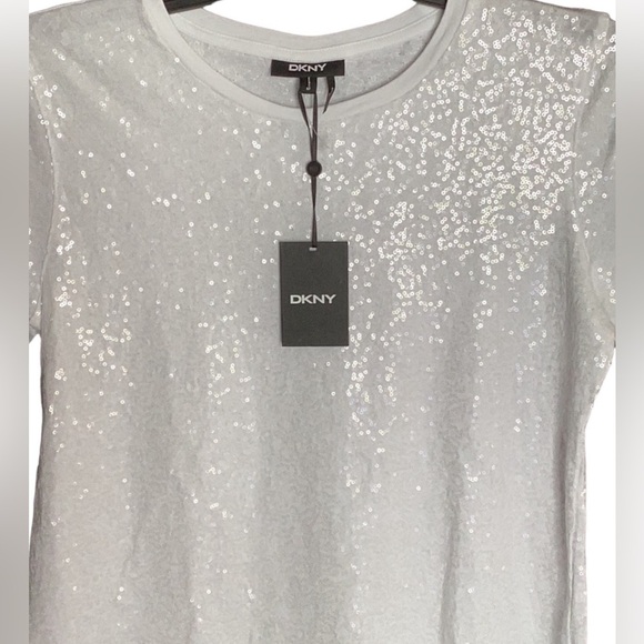 DKNY NWT WOMENS WHITE SEQUENCE T SHIRT TOP MEDIUM SPARKLING - Picture 9 of 9